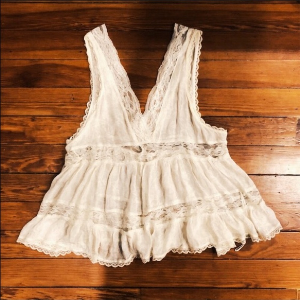 ❌FREE PEOPLE Silky Lace Cream Top - Picture 2 of 7